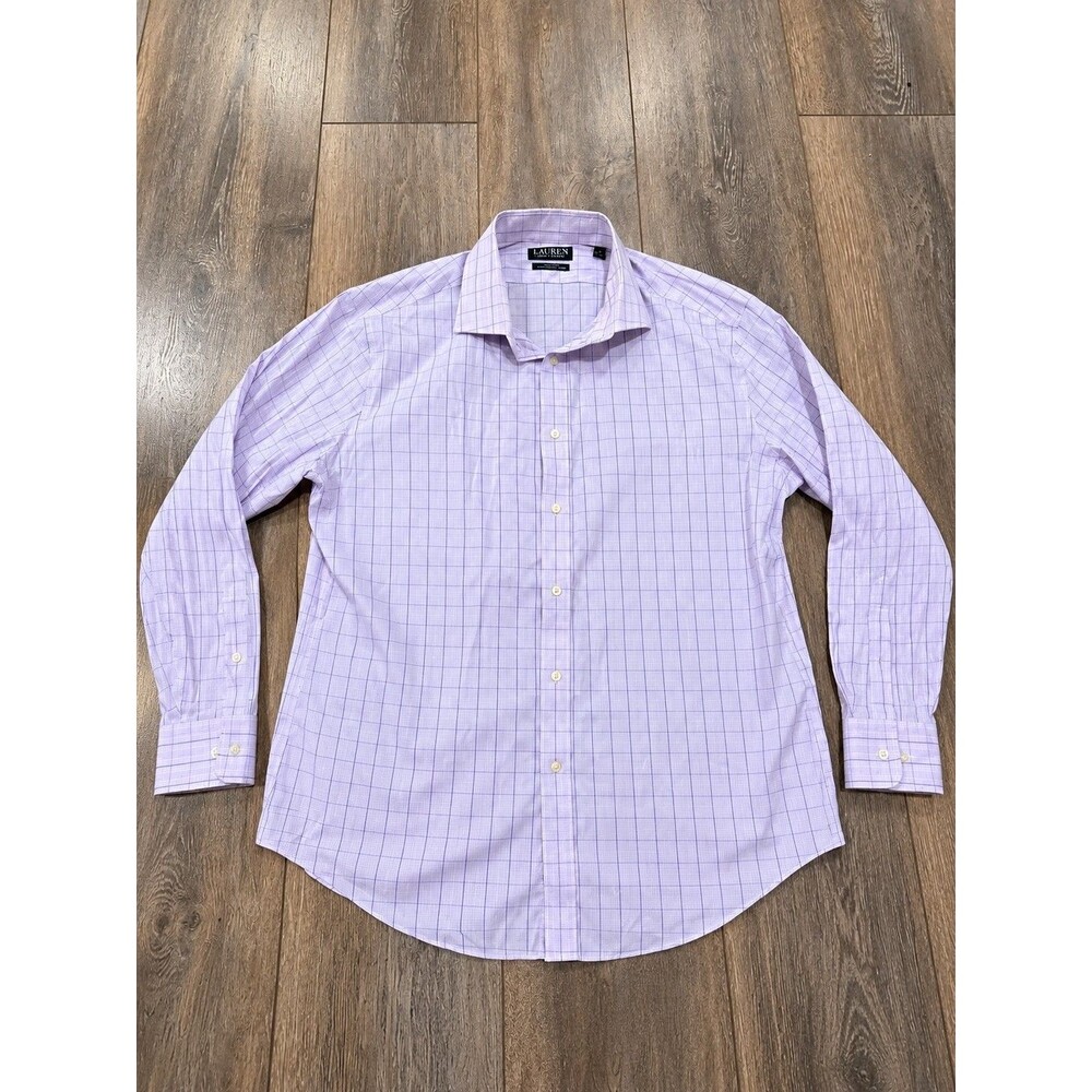 Lauren Ralph Lauren Mens 17.5 34/35 Slim Fit Stretch Purple Check Dress Shirt